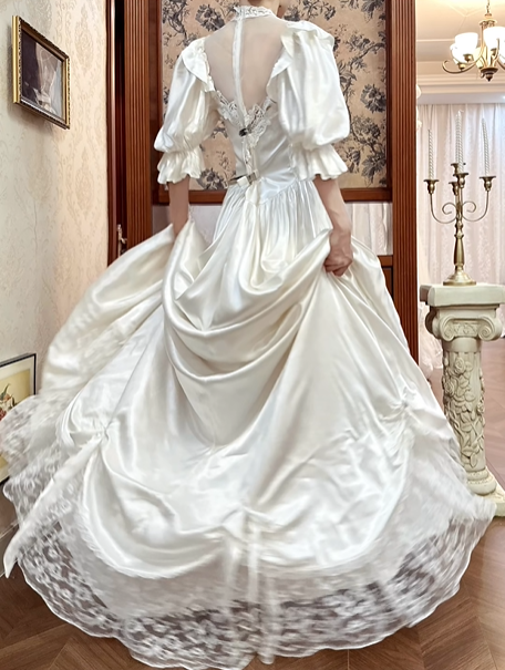White Vintage Satin Ball Gown Wedding Prom Dress, Mock Two‑Piece Lace High Neck V‑Neck, Puff 3/4 Sleeves, Satin Bows, Double‑Layer Lace Hem gh8697