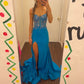 Blue spaghetti strap gorgeous exquisite beaded bodycon long satin high slit ball gown evening dress gh2717