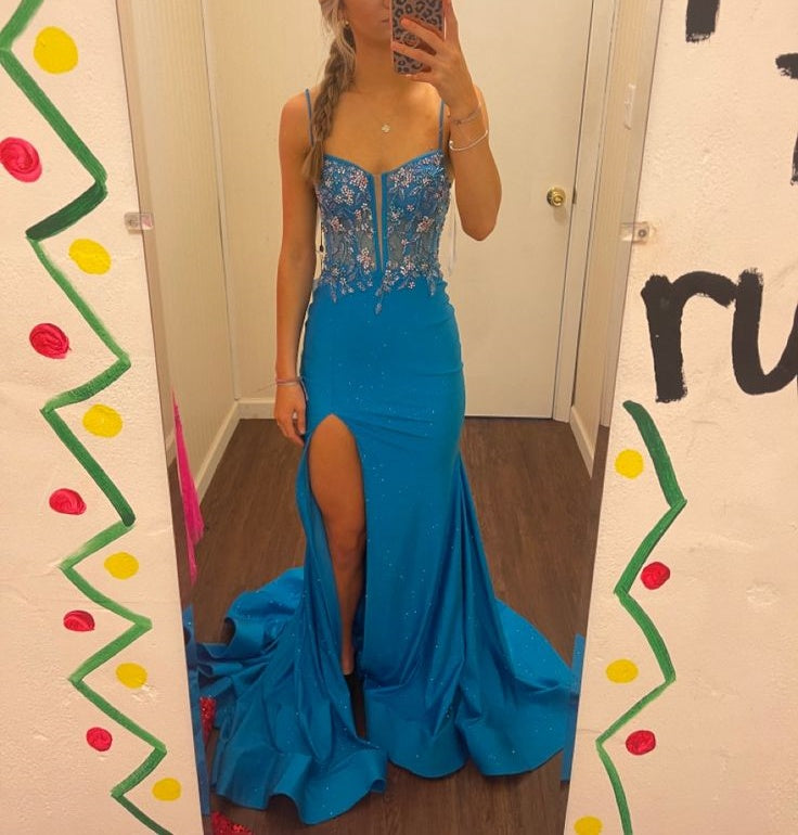 Blue spaghetti strap gorgeous exquisite beaded bodycon long satin high slit ball gown evening dress gh2717