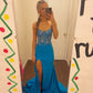 Blue spaghetti strap gorgeous exquisite beaded bodycon long satin high slit ball gown evening dress gh2717