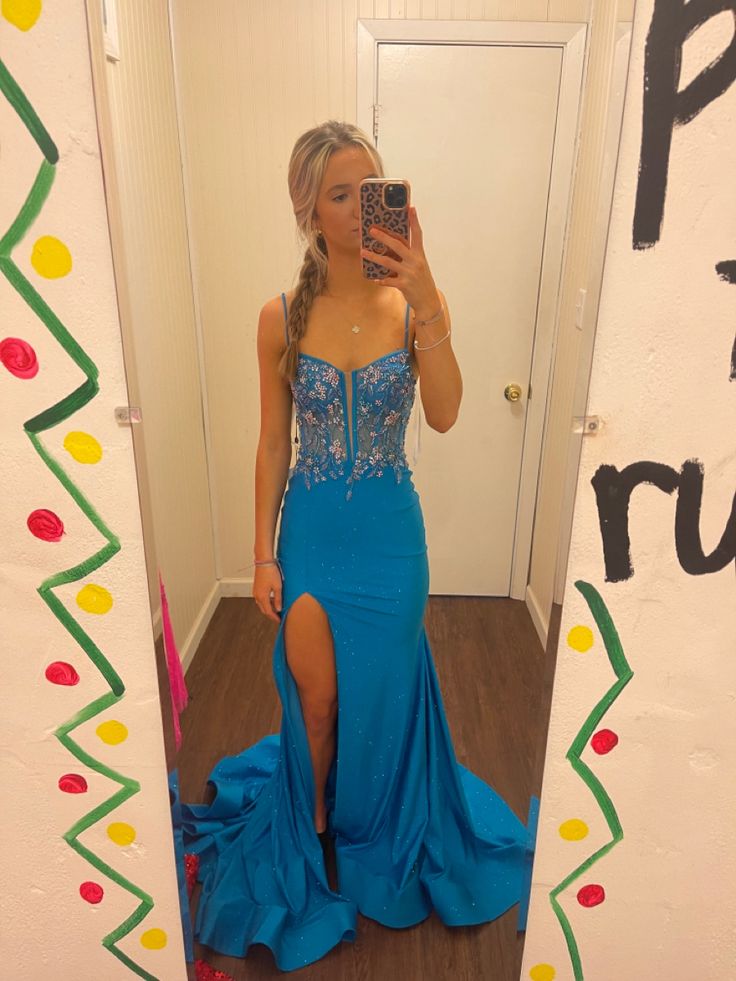 Blue spaghetti strap gorgeous exquisite beaded bodycon long satin high slit ball gown evening dress gh2717