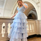 Robe de soirée princesse bleue élégante, coupe trapèze, manches courtes, longue, en tulle, robe de bal, gh4197