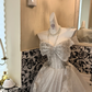 Ivory Bow Neckline with Silver Embellishments, Waist-Cinched Full Flared Long Vintage Romantic Dress, Wedding Gown gh7566