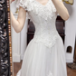 Ivory Vintage Wedding Gown, V‑Neck Lace Flutter Sleeves, Lace Appliqué Fitted Waist, Flowy Multi‑Layer Tulle Skirt, Lace Appliqué Details, Multi‑Tier Lace Hem, Long Lace Train, Bridal Prom Dress gh8733