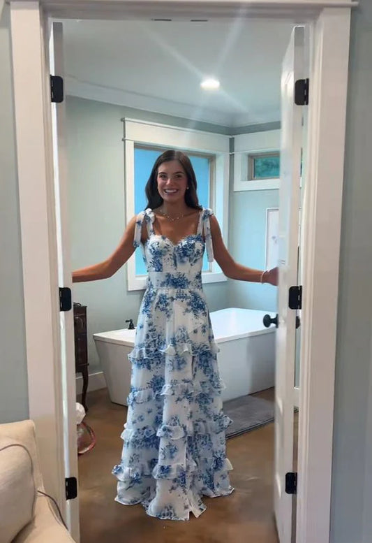 Blue floral elegant long formal evening gown sleeveless slit dress party dress gh3010