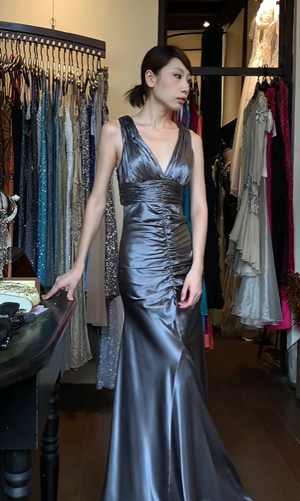 Slate Blue Satin Deep V Evening Gown Sleeveless Ruched Bodice Mermaid Long Prom Dress gh9719