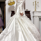 Ivory Vintage Satin Wedding Gown, V‑Neck Puff Long Sleeves, All‑Over Lace Appliqués Fitted Mermaid Silhouette, Lace Hem, Long Satin Train, Bridal Prom Dress gh8736