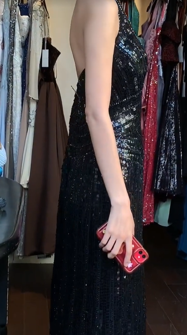 Black Halter Deep V Sequin Pleated Sheath Long Evening Prom Dress gh9772