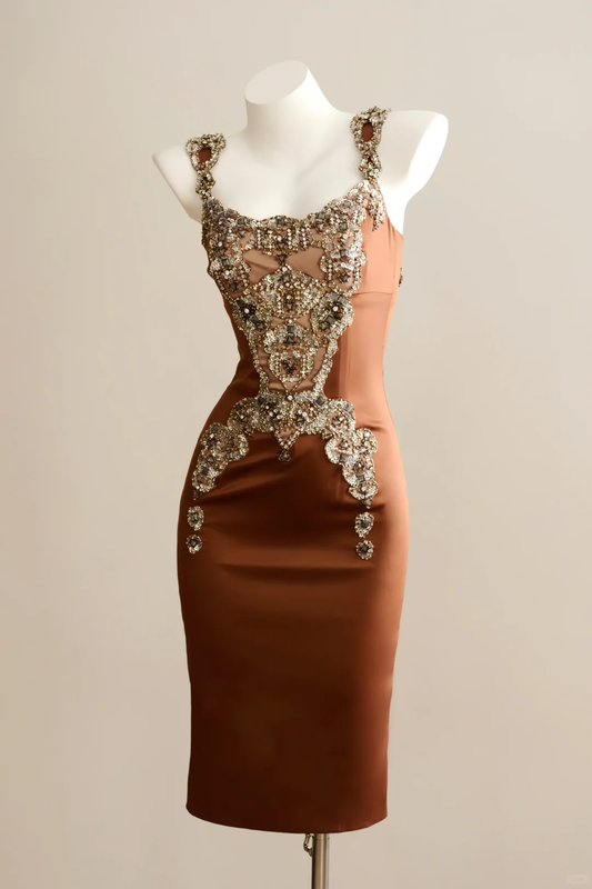 Women Vintage Midi Bodycon Formal Dress Hollow Shoulder Strap Caramel Satin Corset Top Sheer Mesh Heavy Gold Rhinestone Beaded Evening Gown gh9592