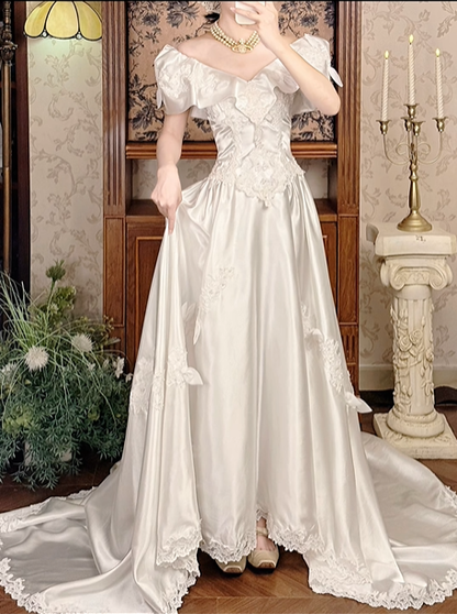 White Satin Vintage Embroidered Fitted Waist Figure‑Flattering Full Flared Skirt Prom Gown, Wedding Dress gh8606