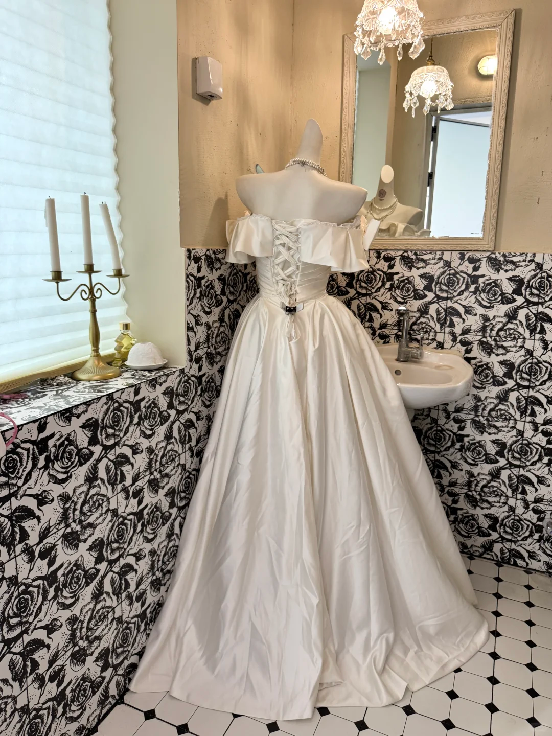 White Off Shoulder Satin Waist-Cinched Full Flared Romantic Dress, Wedding Gown gh7534