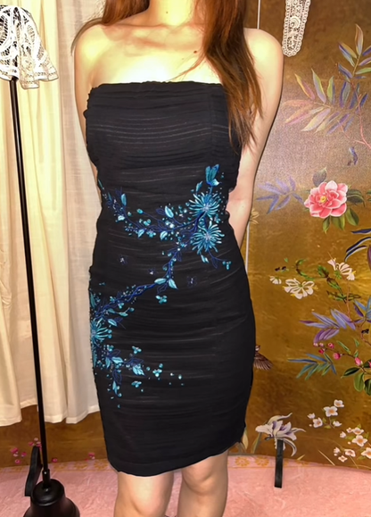 Black Sexy Vintage Floral Strapless Fitted Waist Bodycon Prom & Evening Party Dress gh8428