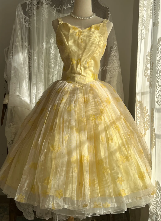 Pale Yellow Vintage Floral Ball Gown, Sweetheart Strap 50s Full Skirt Party Dress gh9355