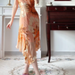 Warm‑Orange Vintage Floral‑Print Spaghetti‑Strap Party Gown, Cowl Neck, Fitted Silhouette, Asymmetrical Ruffled Midi Skirt, Flowy Chiffon Fabric, Evening Cocktail Dress gh8808