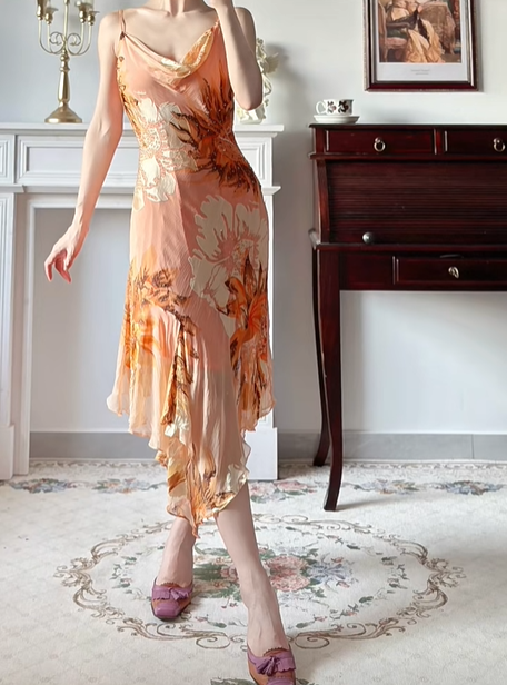 Warm‑Orange Vintage Floral‑Print Spaghetti‑Strap Party Gown, Cowl Neck, Fitted Silhouette, Asymmetrical Ruffled Midi Skirt, Flowy Chiffon Fabric, Evening Cocktail Dress gh8808