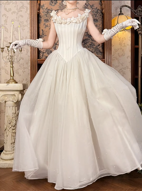 Off‑White Rose Spaghetti Strap Fitted Waist Figure‑Flattering Elegant Full Flared Skirt Vintage Prom Gown, Wedding Dress gh8601