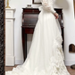 Ivory Vintage Tulle Lace Wedding Gown, V‑Neck With Frilled Stand Collar, Lace Lantern Long Sleeves, Lace Appliqués Empire Waist, Draped Ruched Skirt, Inner Lace Full Skirt With Long Train, Bridal Prom Dress gh8763