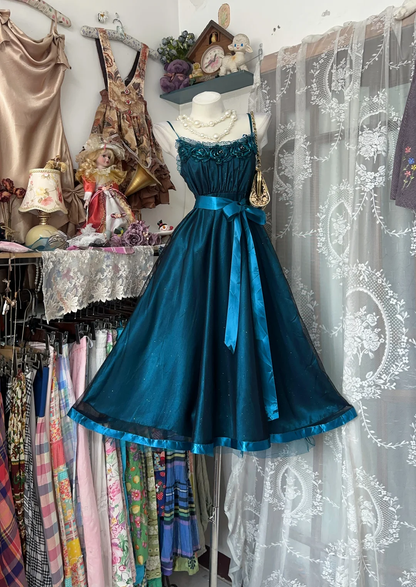 Luxury Vintage Dark Green Spaghetti Strap Fitted Waist Flared Skirt Prom & Evening Party Dress gh8491