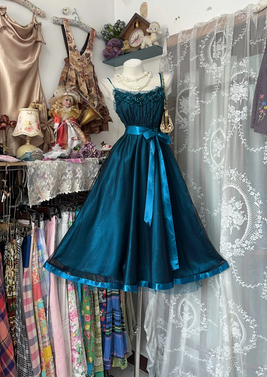 Luxury Vintage Dark Green Spaghetti Strap Fitted Waist Flared Skirt Prom & Evening Party Dress gh8491