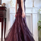 Wine‑Brown Vintage Strapless Sweetheart Prom Gown, Exquisite Rhinestone Applique On Bust, Ruched Tulle Bodice & Waist, Irregular Layered Ruffled Tulle Mermaid Floor‑Length Evening Dress gh8822