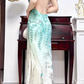 Mint‑Green‑White Ombré Vintage Halter Prom Gown, All‑Over Hand‑Beaded Embroidery, Geometric & Floral Motifs, Fitted Bodycon Mermaid Silhouette, Side High Slit, Evening Prom Dress gh8817