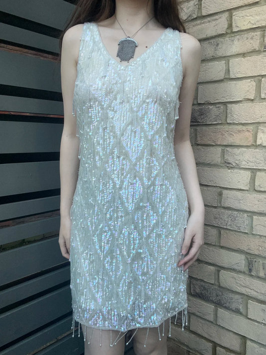 Off White Sexy Vintage Luxury Sleeveless Sequin Fitted Waist Prom & Evening Party Dress gh8439