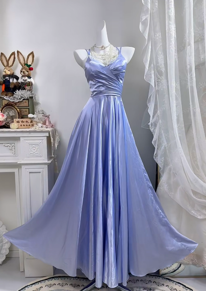 Women Vintage Lavender Satin Prom Dress, V-Neck With Double Spaghetti Straps, Cross Ruched Bodice, High Waist, Flowy Full A-Line Skirt, Elegant Floor Length Evening Gown For Photoshoot gh9274
