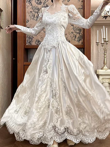 Ivory Vintage Satin Wedding Prom Dress, V‑Neck Lace Trim, Sheer Lace Long Sleeves, Floral Lace Appliqués, A‑Line Scalloped Lace Hem gh8676