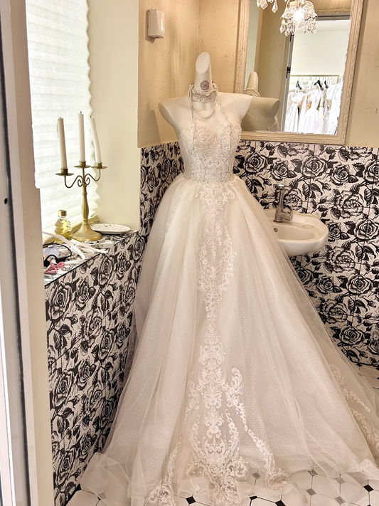 Ivory Vintage Elegant Strapless Embroidered Cinched Waist Full Flared Skirt Long Romantic Dress, Wedding Gown gh7789