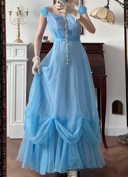 Sky‑Blue Vintage Chiffon Prom Gown, Square Neck Cap Puff Short Sleeves, Matching Thin Sash Waistband, Flowy Full‑Length Skirt With Gathered Knot Skirt Details, Floor‑Length Evening Prom Dress gh8794