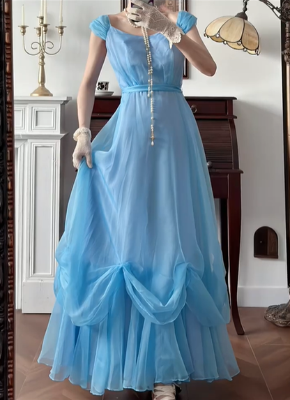 Sky‑Blue Vintage Chiffon Prom Gown, Square Neck Cap Puff Short Sleeves, Matching Thin Sash Waistband, Flowy Full‑Length Skirt With Gathered Knot Skirt Details, Floor‑Length Evening Prom Dress gh8794