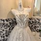 Ivory Gown with Silver Decorations, Strapless Waist-Cinched Voluminous Skirt Luxury Romantic Dress, Wedding Gown gh7682