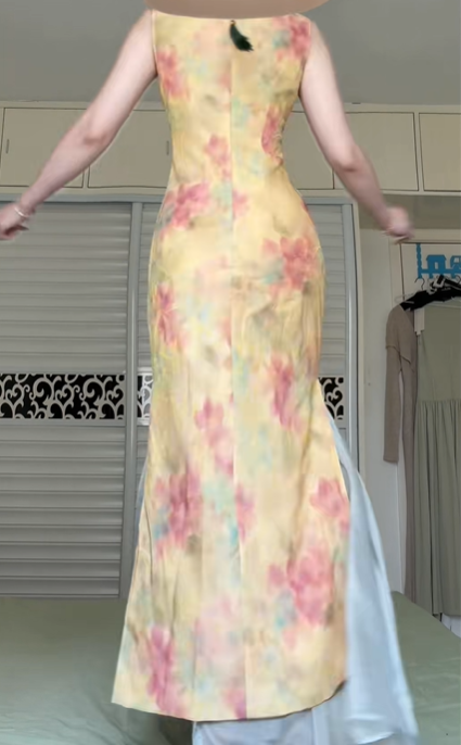 New Chinese Style Sleeveless Modified Qipao Evening Gown, Watercolor Floral Print Stand‑Collar Slit Qipao With Wide‑Leg Underskirt Formal Dress gh8977