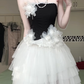 Black‑White Contrast Tulle Prom Gown, Strapless 3D‑Floral Tiered High‑Low Hem Evening Dress gh9046