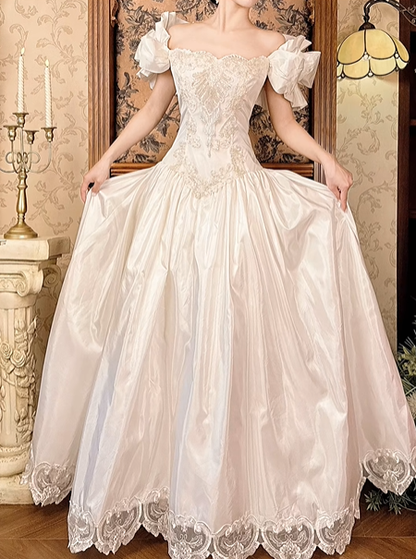 Vintage Long Prom & Wedding Dress, Off‑White Off‑the‑Shoulder Gown, Beaded Details, Fitted Waist, Palace‑Style Full Flared Skirt gh8592