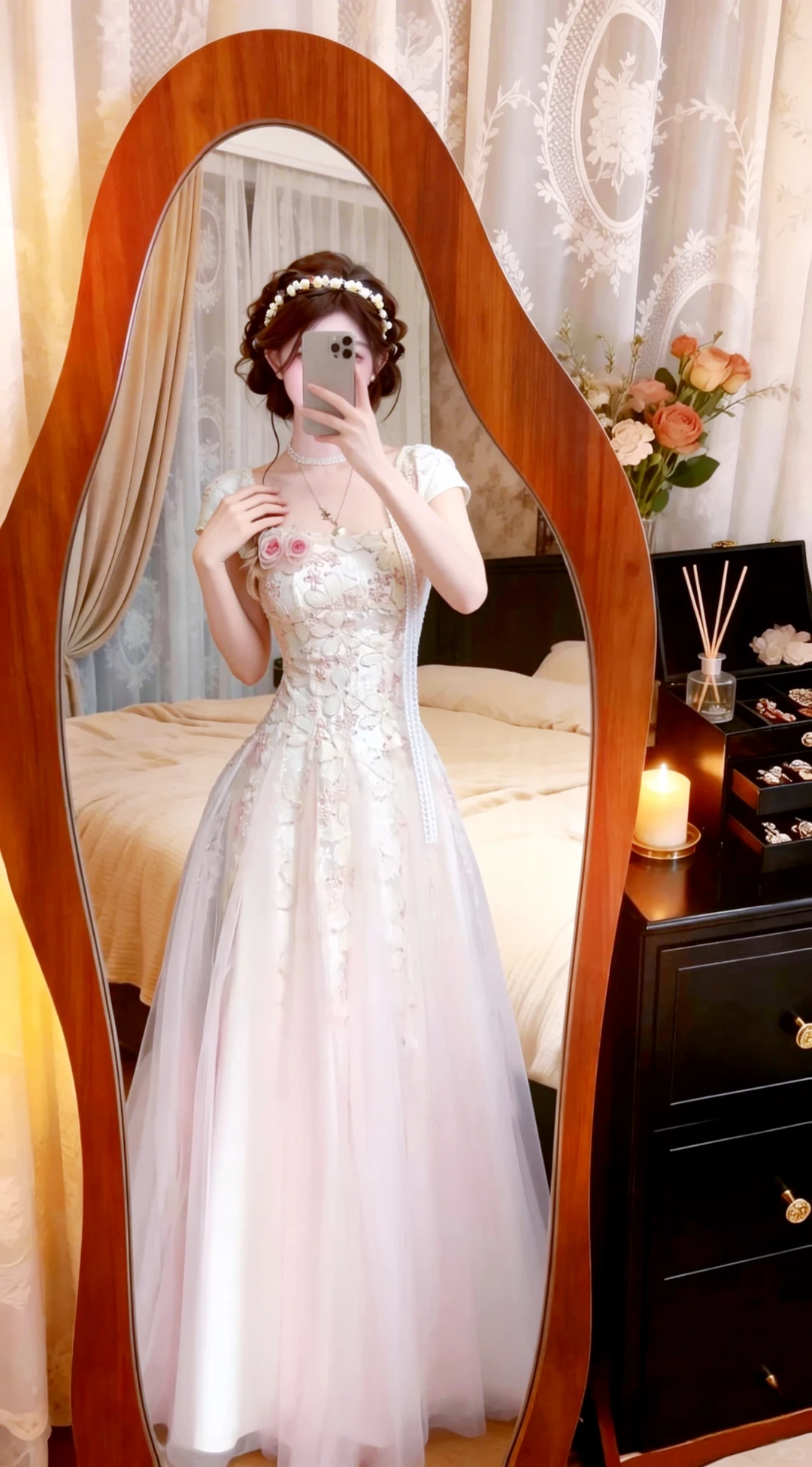 White‑Pink Square Neck Short Sleeve Wedding Gown, 3D Floral Lace Embroidery Ombre Tulle A‑Line Long Prom Dress gh9132