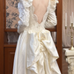 Ivory Vintage Satin Wedding Gown, V‑Neck 3D Bow Puff Shoulders, Lace Embroidered Long Sleeves, Lace Appliqués Fitted Waist, A‑Line Long Train With Scalloped Lace Hem, Prom Dress gh8665