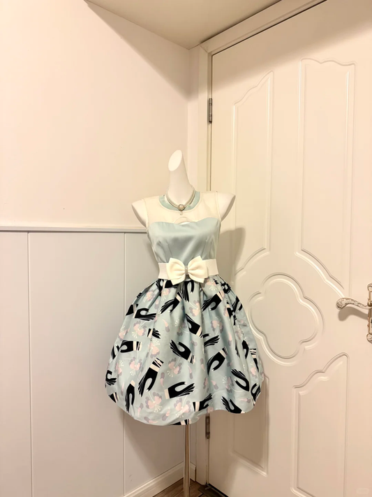 Light Blue Printed Vintage Homecoming Dress Sleeveless Color Block A-Line Cocktail Gown with Bow gh9365