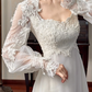 Ivory Vintage Wedding Gown, Square Neck Lace Trimmed Neckline, Lace Appliqué Empire Waist, Sheer Puff Long Sleeves, Flowy Chiffon Long Skirt With Train, Lace Ruffled Hem, Bridal Prom Dress gh8726