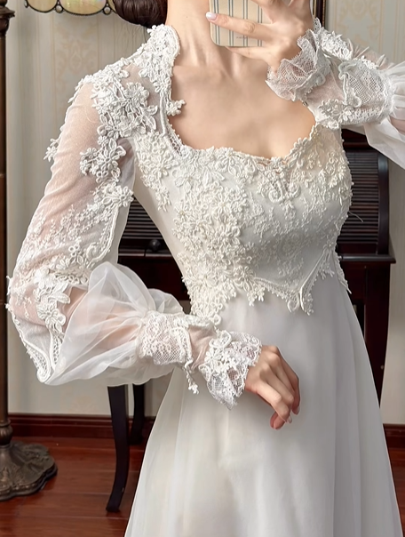 Ivory Vintage Wedding Gown, Square Neck Lace Trimmed Neckline, Lace Appliqué Empire Waist, Sheer Puff Long Sleeves, Flowy Chiffon Long Skirt With Train, Lace Ruffled Hem, Bridal Prom Dress gh8726