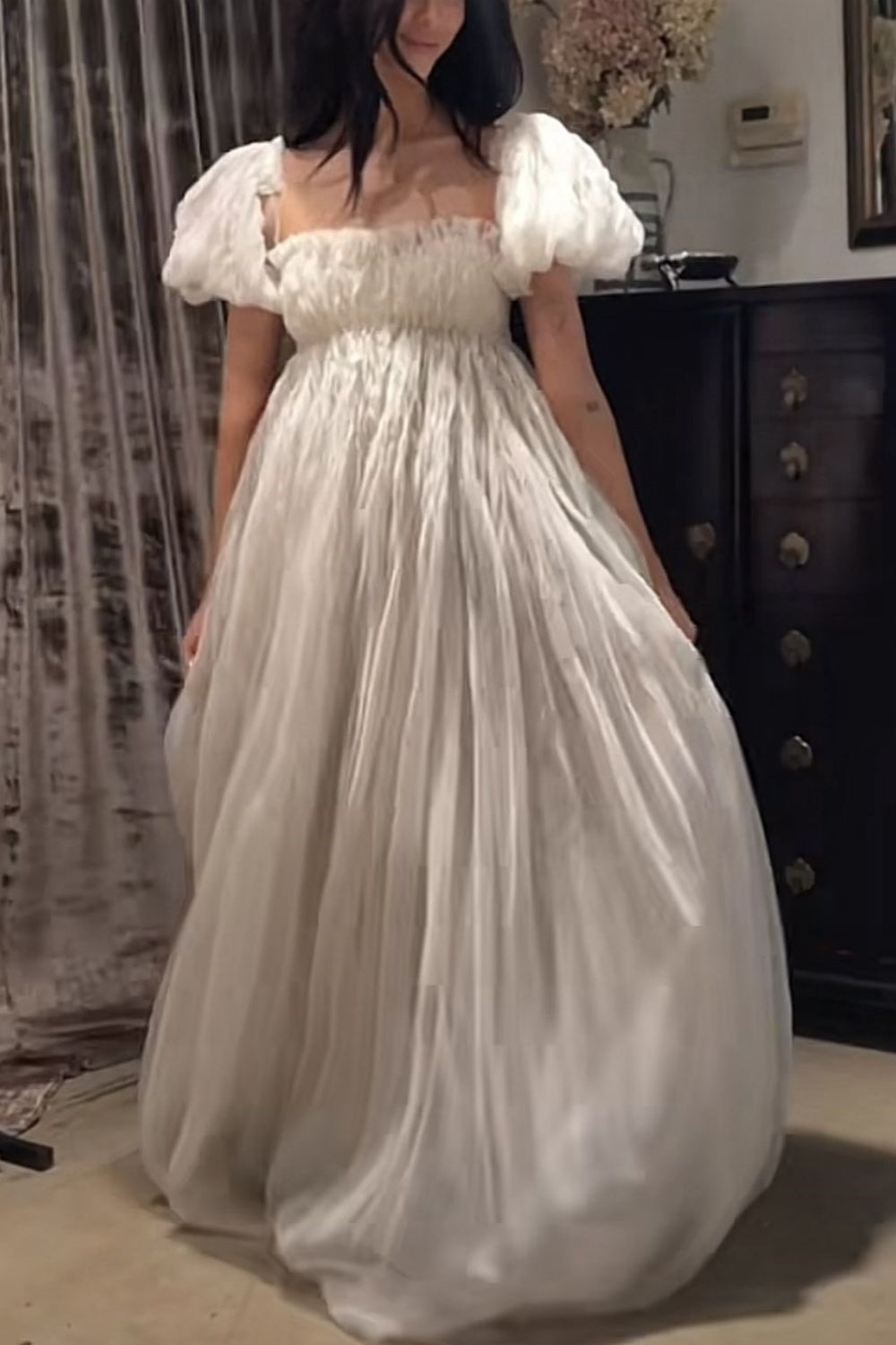 girlhomeshops-Short-Sleeved Dress White Simple Casual Retro Fashion Long Prom Dress Artistic Puff Sleeve Maternity Dress gh5852