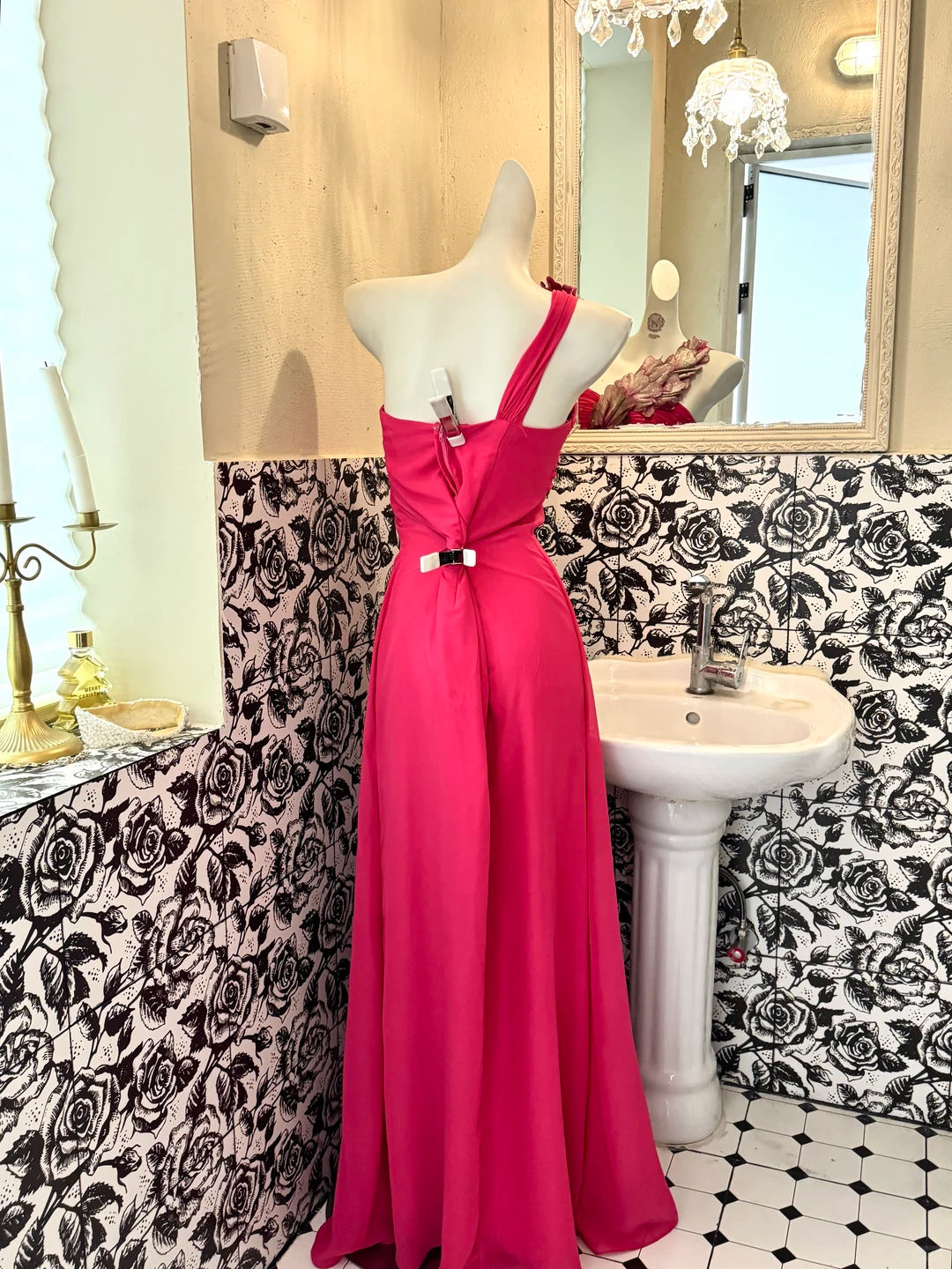 Magenta One-Shoulder Waist-Cinched Sexy Elegant Romantic Dress, Wedding Gown gh7586