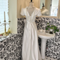 White V-Neck Fitted Waist Slim Long A-Line Skirt Classic Romantic Dress, Wedding Gown gh7659
