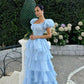 Robe de soirée princesse bleue élégante, coupe trapèze, manches courtes, longue, en tulle, robe de bal, gh4197
