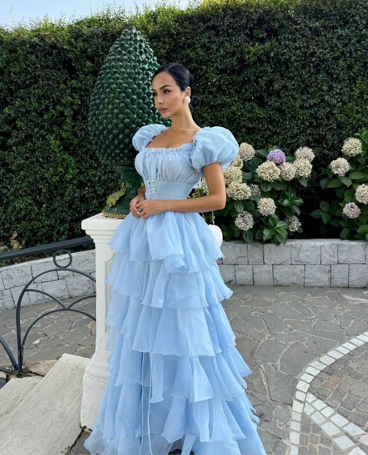 Robe de soirée princesse bleue élégante, coupe trapèze, manches courtes, longue, en tulle, robe de bal, gh4197