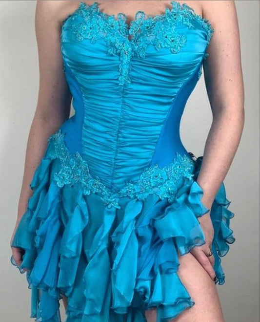 ✨Girlhomeshops-Blue exquisite applique vintage fashion short chiffon homecoming dress party dress gh4992