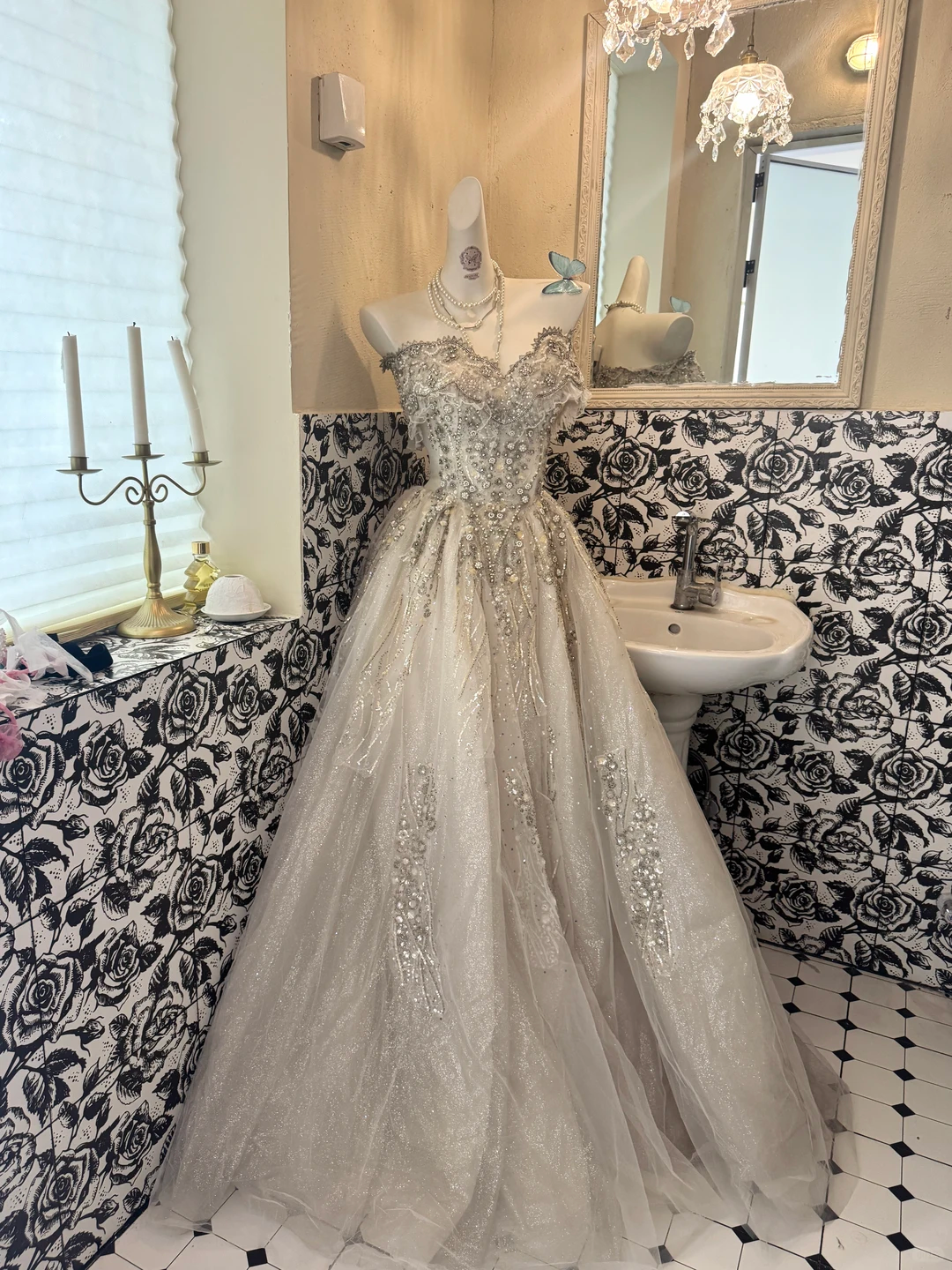 Ivory Strapless Gown with Silver Embellishments, Waist-Cinched Full Flared Vintage Romantic Dress, Wedding Gown gh7552
