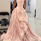 Elegantes, trägerloses Abendkleid im französischen Luxusstil | Rosafarbenes Satin-Maxikleid mit Raffungen und Schleppe für Galas, Verlobungen und exklusive gesellschaftliche Anlässe gh6436