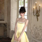Pale Yellow Satin Homecoming Dress Spaghetti Straps Rhinestone Short Prom Dress gh9403