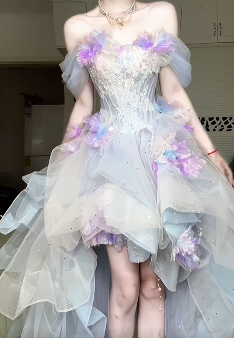 Lavender‑Blue Ombre Off‑Shoulder High‑Low Evening Gown, Lace Corset 3D Floral Tulle Prom Dress gh9052